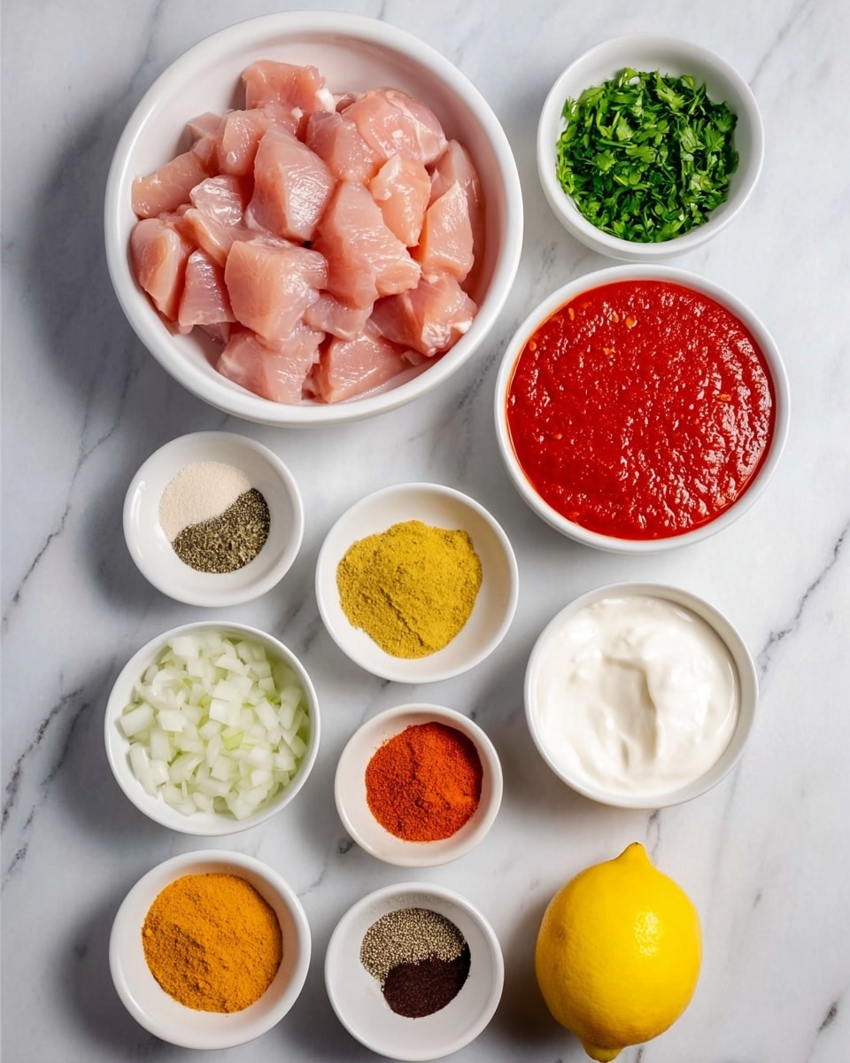 The image shows a top view of nine white bowls arranged neatly on a white marbled surface, each containing different ingredients. The largest bowl at the top left is filled with pink, cubed raw chicken pieces. To its right, there is a bowl of bright red tomato paste with a smooth texture. Below these, from left to right, are bowls with chopped green herbs, thick white cream, and a spice mix including orange, brown, and black powders. On the bottom left, a bowl holds finely chopped white onions, next to it is a bowl with multiple vibrant spices including orange and red powders. A small dish on the right contains minced yellow garlic, while a small bowl at the bottom holds smooth yellow mustard. Finally, a whole lemon with a bright yellow color sits on the marbled surface. The photo taken with an iphone --ar 4:5 --v 7