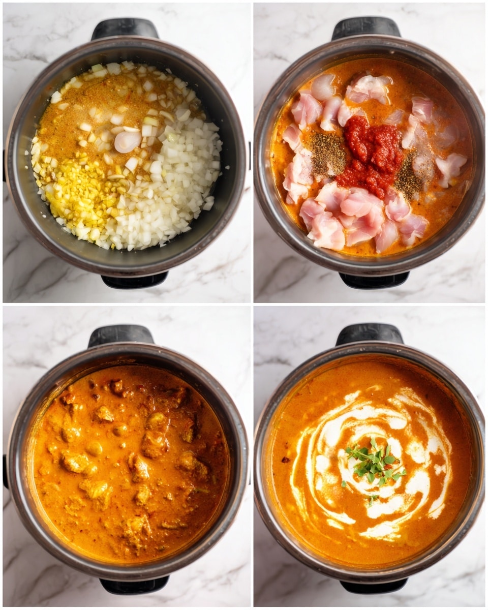 The image shows a four-step process of making a creamy orange curry in a black pot on a white marbled surface. The first part has yellow and white chopped onions and garlic being cooked. The second part shows raw chunks of light pink chicken, a big dollop of red sauce, and spices on top in the pot. The third part shows the curry cooking, turning smooth and thick with a bright orange color. The last part shows the finished curry, thick and creamy orange with swirls of white cream and a small green herb garnish in the center. photo taken with an iphone --ar 4:5 --v 7