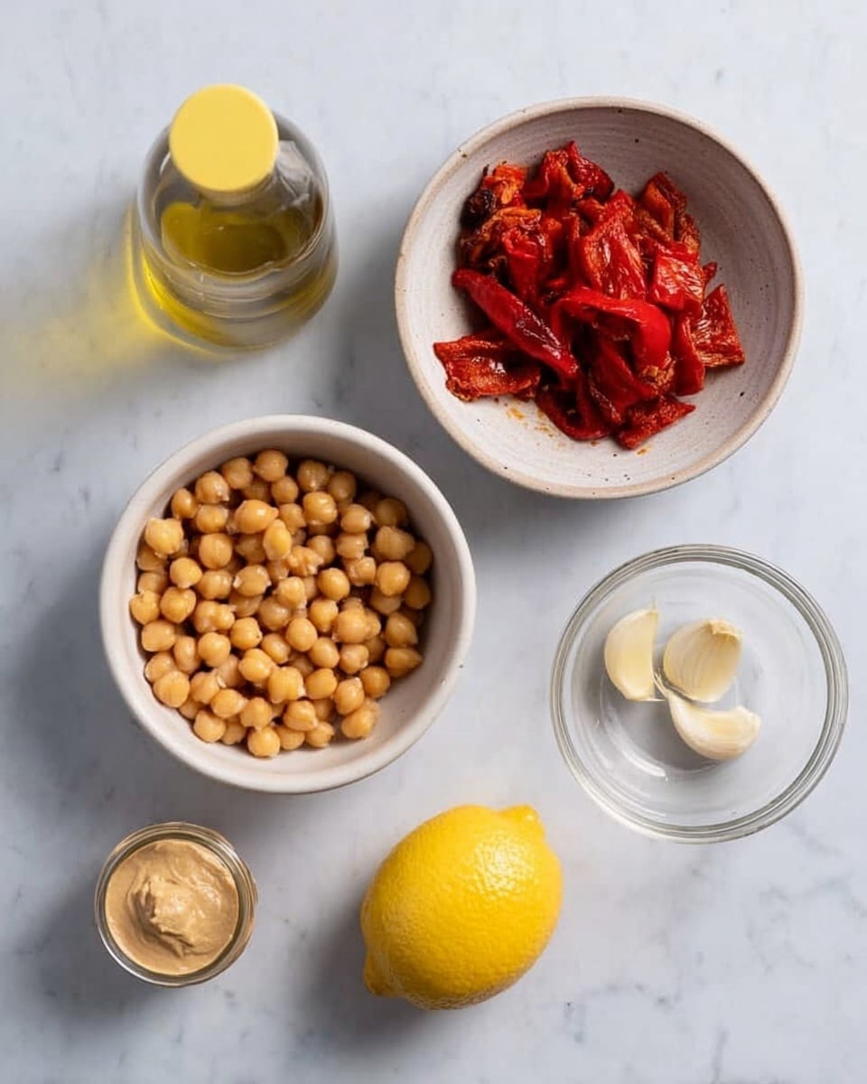 The image shows six ingredients placed on a white marbled surface. In the bottom left, there is a white bowl filled with light brown chickpeas. Above it and slightly to the right is a white bowl with roasted red peppers, showing bright red and slightly blackened textures. To the right of that, two whole peeled garlic cloves rest in a small clear glass dish. Below the garlic, there is a small jar of light beige tahini paste. Below the bowl of roasted peppers and to the left of the tahini is a whole yellow lemon. In the top left corner, there is a glass bottle of olive oil with a yellow cap. Photo taken with an iphone --ar 4:5 --v 7