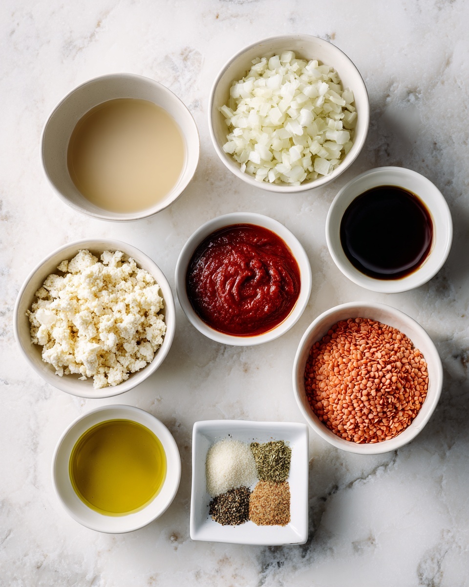 The image shows eight small white bowls arranged on a white marbled surface, each containing different ingredients for cooking. Starting from the top left, one bowl holds a light beige liquid labeled veggie broth, next to it is a bowl of chopped white onions, and beside that is a bowl filled with off-white cauliflower rice. Below the veggie broth is a bowl with deep red tomato paste, followed by a bowl with a dark brown liquid labeled vegan Worcestershire. In the lower left is a bowl of golden-yellow olive oil, next to it a small square white dish contains a mix of spices with colors including brown, green, white, and red. Finally, on the bottom right is a bowl filled with reddish-brown red lentils. The bowls are evenly spaced and neatly arranged. photo taken with an iphone --ar 4:5 --v 7