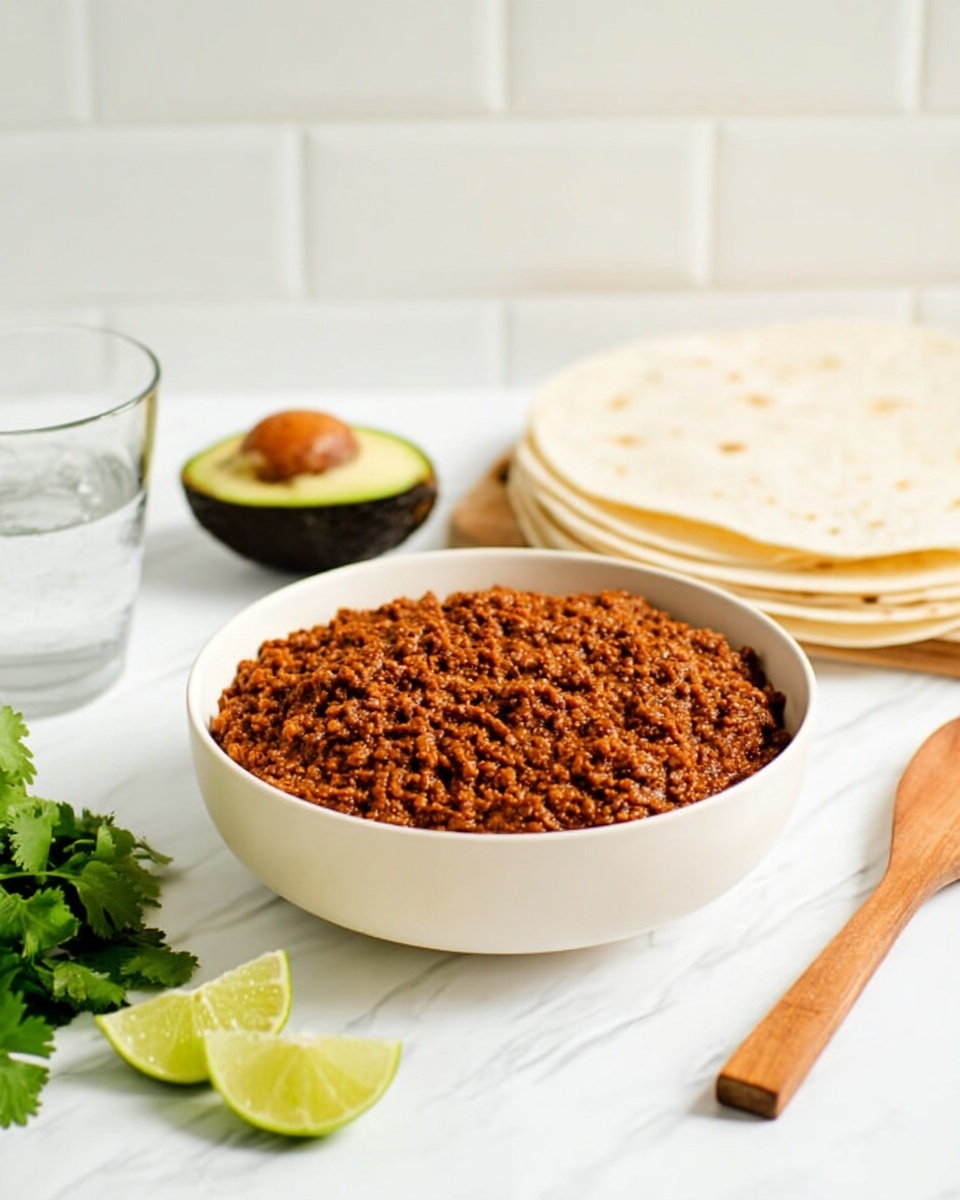A white bowl filled with a thick, brown textured mix that looks like seasoned lentils or a similar cooked grain, sitting on a white marbled surface. Behind the bowl, there are three soft white tortillas stacked loosely. To the side, there is a halved avocado with green inside and a brown seed, a small bunch of fresh green cilantro, and two lime wedges placed on the surface. A clear glass of water is also visible to the left, and a wooden spoon rests on the right side of the bowl. The background is a white brick pattern, and the overall setup looks bright and fresh. photo taken with an iphone --ar 4:5 --v 7