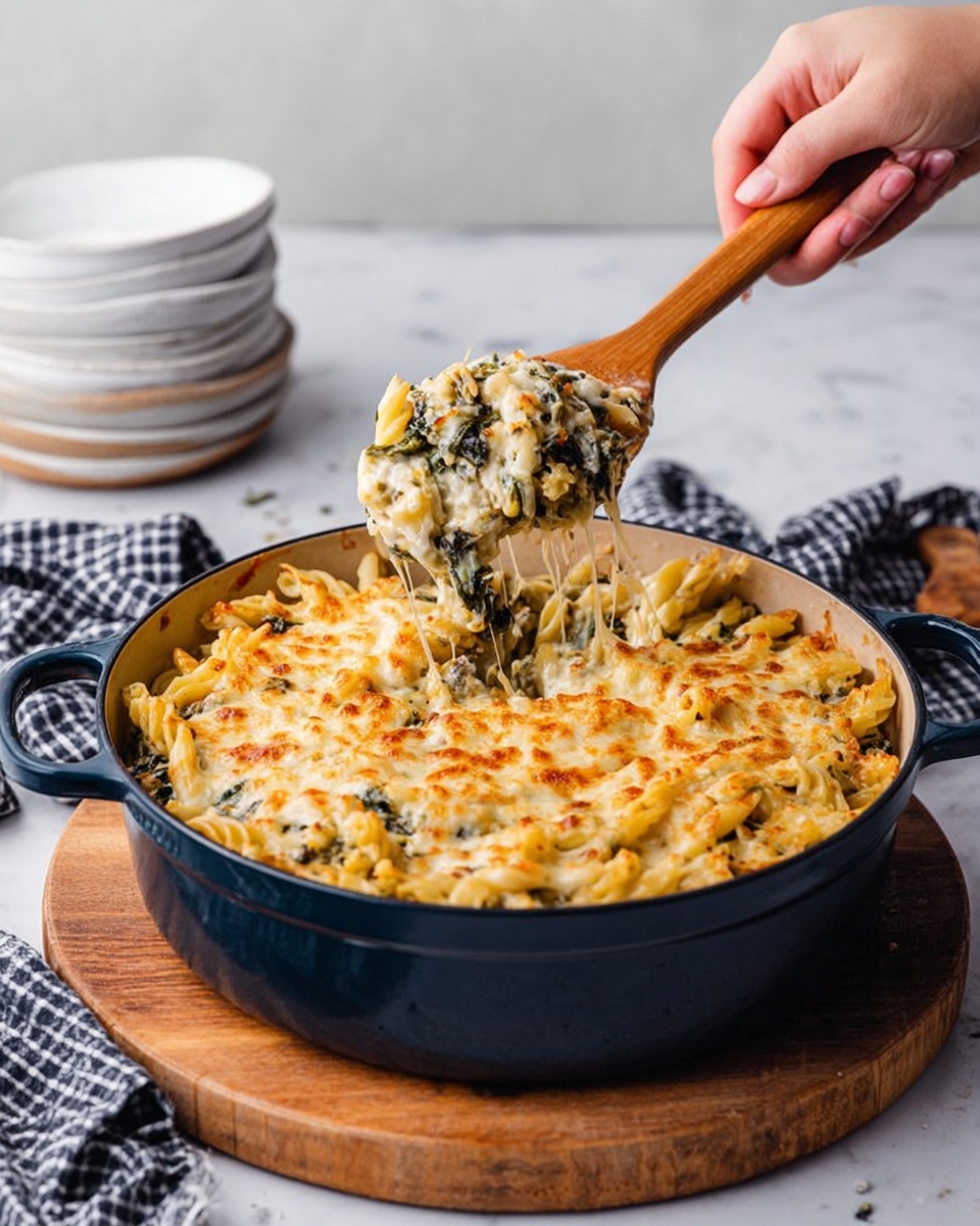 A large deep navy blue pot sits on a wooden board over a white marbled surface, filled with a creamy pasta dish that has a bubbly, golden brown cheese crust on top. The pasta is twisted and coated in a thick white sauce mixed with green leafy vegetables and small brown bits. A woman's hand is lifting a wooden spoon from the pot, scooping a portion of the pasta that shows soft, tender noodles intertwined with the melted cheese and greens. In the background, there are stacked white bowls and a black-and-white checkered cloth nearby. Photo taken with an iphone --ar 4:5 --v 7