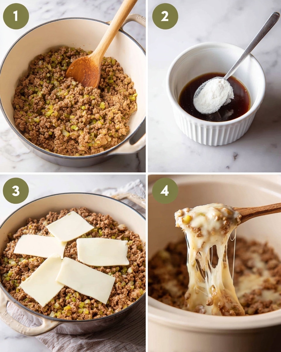 The image shows a four-step cooking process. In the first part, a white pan contains cooked ground meat mixed with small green vegetable pieces, stirred with a wooden spoon. The second part has a white ramekin on a white marbled surface holding a mix of dark sauce and a scoop of white powder. The third part displays a white slow cooker filled with the cooked meat mixture topped with four slices of white melted cheese, a wooden spoon partially stirring. The last part shows a close-up of the wooden spoon lifting a stringy, creamy, cheese-melted meat and vegetable mixture, the cheese stretching. Photo taken with an iphone --ar 4:5 --v 7