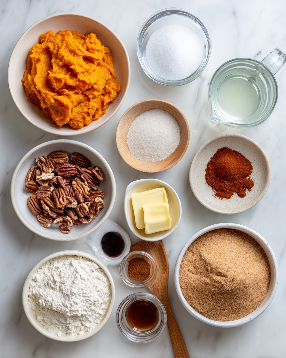 The image shows various ingredients for baking arranged neatly on a wooden surface. There are 11 containers in total: a white bowl with bright orange pumpkin puree in the top left, a small clear glass container with white salt next to it, a large white bowl of white granulated sugar below the salt, and a large white bowl of brown sugar with a light brown color at the bottom right. To the right of the pumpkin, there is a small round bowl with pumpkin pie spice of reddish-brown color, a small white bowl of melted yellow butter below it, and a small cup of dark brown vanilla extract between them. Below the vanilla, there is a clear container of baking powder with a white powder inside. At the center bottom, a white bowl filled with white all-purpose flour, and above it, a wooden spoon holding chopped light brown pecans. On the right side, a clear glass cup with transparent hot water and a clear glass jug with milk above it. The surface background is white marble. Photo taken with an iphone --ar 4:5 --v 7