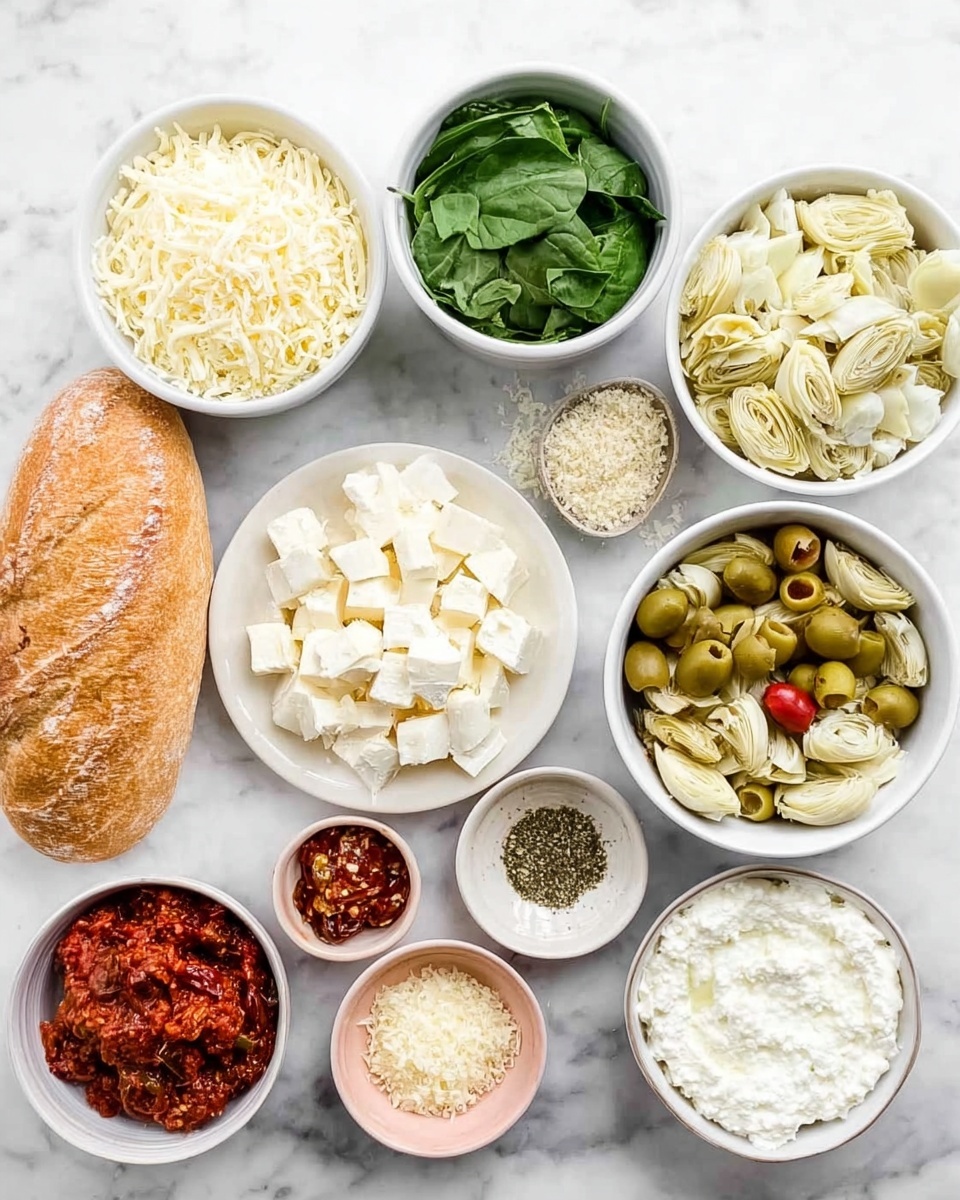 The image shows several white bowls arranged on a white marbled surface, each holding different ingredients. From left to right and top to bottom, there is a bowl of shredded mozzarella cheese, a bowl of chopped fresh green spinach, a bowl of sliced green olives with red pimento, and a bowl of chopped artichokes on a white plate. Below them are bowls containing crumbled ricotta cheese, sun-dried tomatoes with a reddish color, cubed white mozzarella cheese, and finely shredded Parmesan cheese. There is also a small pink bowl with minced garlic and dried herbs, and a bowl of white sour cream. Lastly, a golden-brown loaf of bread rests on the left side. The ingredients are vibrant and neatly arranged, ready to be used in a layered dish. photo taken with an iphone --ar 4:5 --v 7