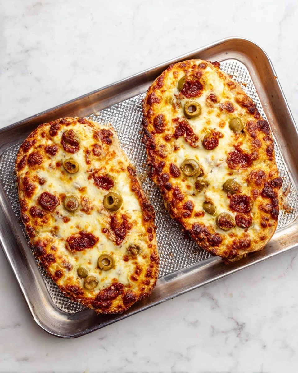 Two oval-shaped baked dishes sit on a shiny metal pan with a textured surface, placed on a white marbled countertop. Each dish has a golden-brown top layer with small browned spots, covered with melted white cheese that looks creamy and bubbly. Green olive slices are scattered evenly over the surface, some slightly sunken into the cheese. Patches of reddish sauce dot the tops, creating contrast with the cheese and olives. The edges of both dishes are slightly irregular and crisped from baking. photo taken with an iphone --ar 4:5 --v 7