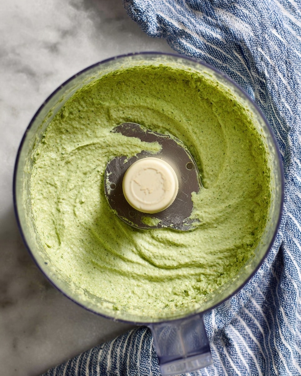 A close-up top view of a transparent food processor bowl filled with a smooth, creamy light green blend that has a slightly textured surface. In the center, the metal blades are visible, partially covered with the green mixture. The bowl is placed on a white marbled surface with a blue and white striped cloth on the right side. The light and shadows give a soft natural look to the scene. photo taken with an iphone --ar 4:5 --v 7