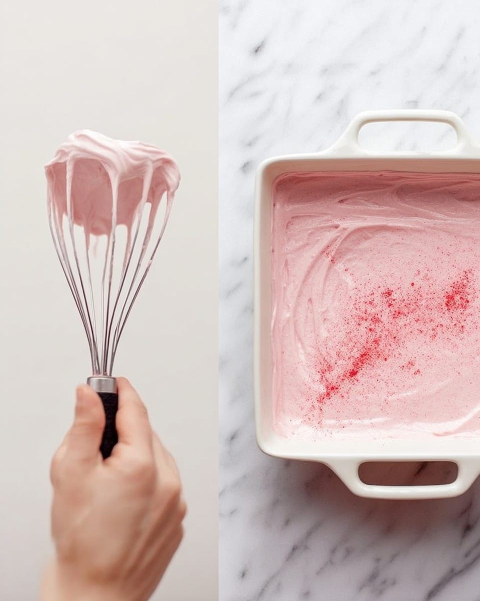 The image shows two parts: on the left, a woman's hand holding a whisk with pale pink cream smoothly coated on it against a white marbled background; on the right, a white square baking dish filled with soft, pale pink batter, with a woman's hand sprinkling red powder on top, the surface of the batter textured lightly and the background white marbled  photo taken with an iphone --ar 4:5 --v 7