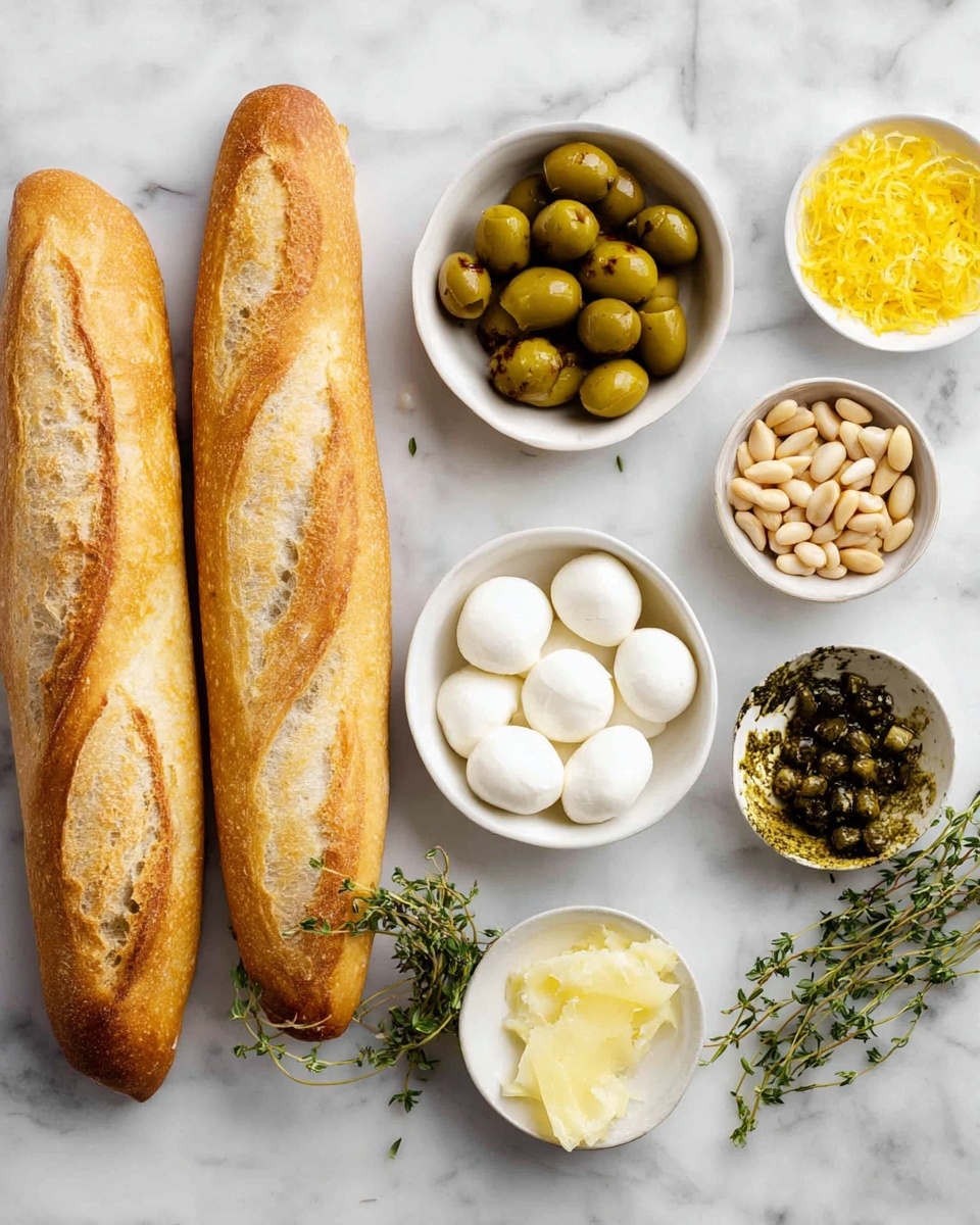 The image shows a white marbled surface with two long golden baguettes on the left side. To the right of the bread, there are six small white bowls arranged loosely; the top-left bowl contains bright yellow lemon zest, the top-middle bowl is filled with shiny green olives, and the top-right bowl holds small pale pine nuts. Below these, the middle-left bowl is filled with smooth white mozzarella balls, the middle-right bowl has dark green capers, and the bottom-right bowl contains finely grated pale yellow garlic. A small bunch of fresh green thyme lies on the far right, adding a touch of natural color. photo taken with an iphone --ar 4:5 --v 7