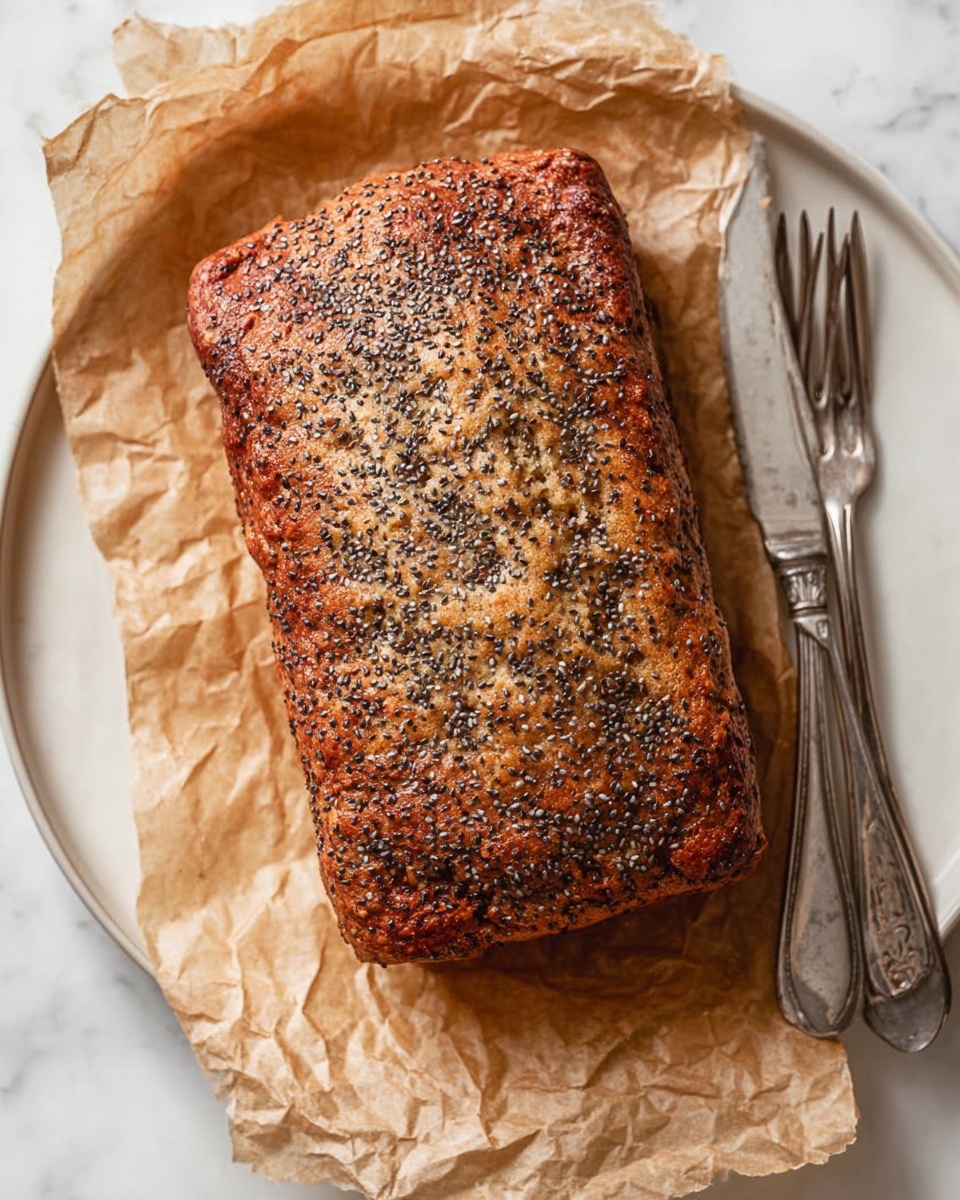 A rectangular loaf of bread with a golden brown top sprinkled evenly with small black chia seeds sits on crinkled light brown parchment paper. The bread has a rough, slightly bumpy texture and looks soft inside with a firm crust. The parchment is placed on a round white plate with a white marbled surface underneath. Two vintage silver forks rest next to the bread on the right side. The lighting highlights the bread's texture and seeds clearly. photo taken with an iphone --ar 4:5 --v 7