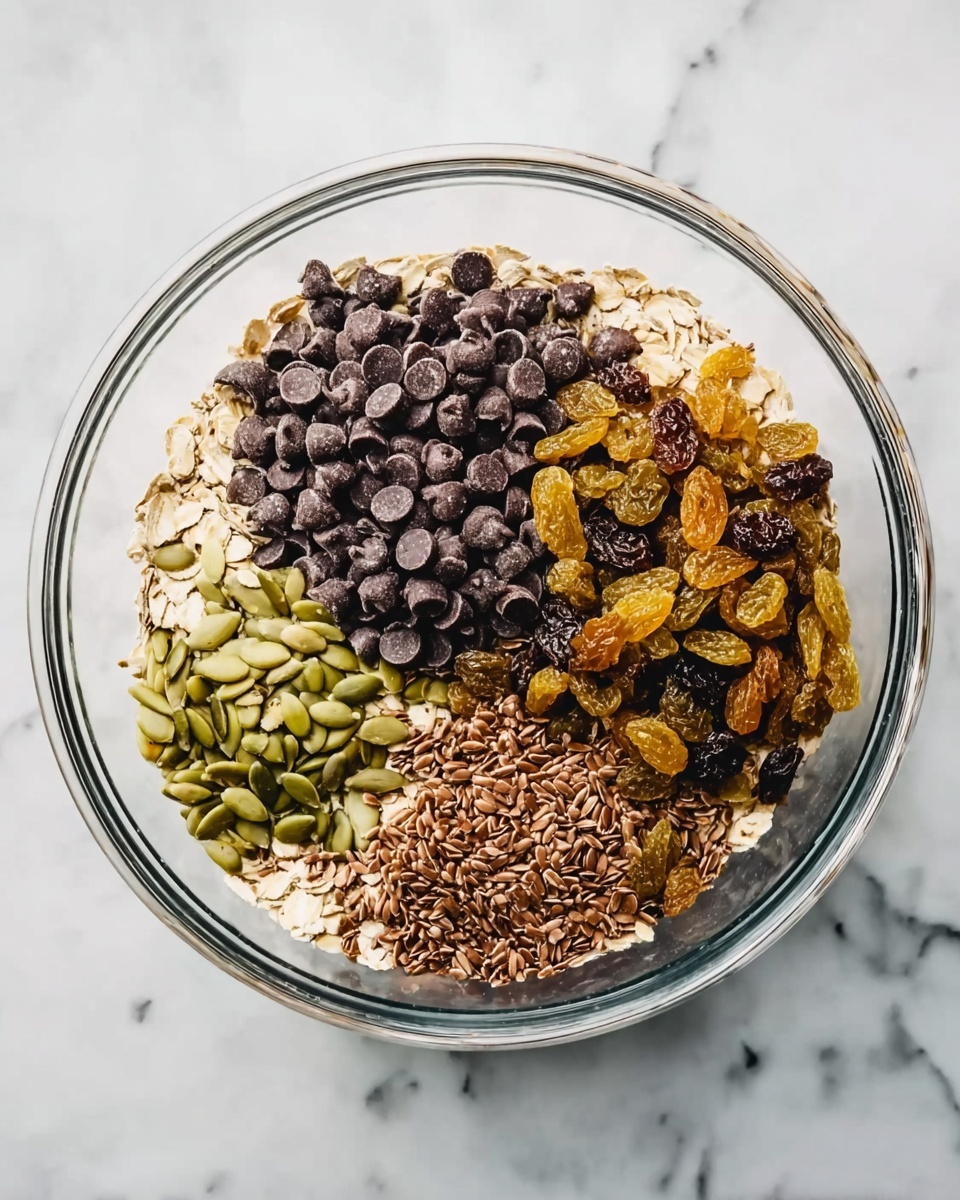 A clear glass bowl sits on a white marbled surface, filled with five distinct piles of ingredients arranged side by side. Starting from the top, there is a dense pile of dark, round chocolate chips, to its right a cluster of light and dark golden raisins with a slightly wrinkled texture. Below the raisins is an area filled with oval green pumpkin seeds, while to the left is a pile of small, brown flax seeds with a smooth surface. The base layer beneath these ingredients is made of coarse, beige rolled oats that fill the bowl and extend around the edges. photo taken with an iphone --ar 4:5 --v 7