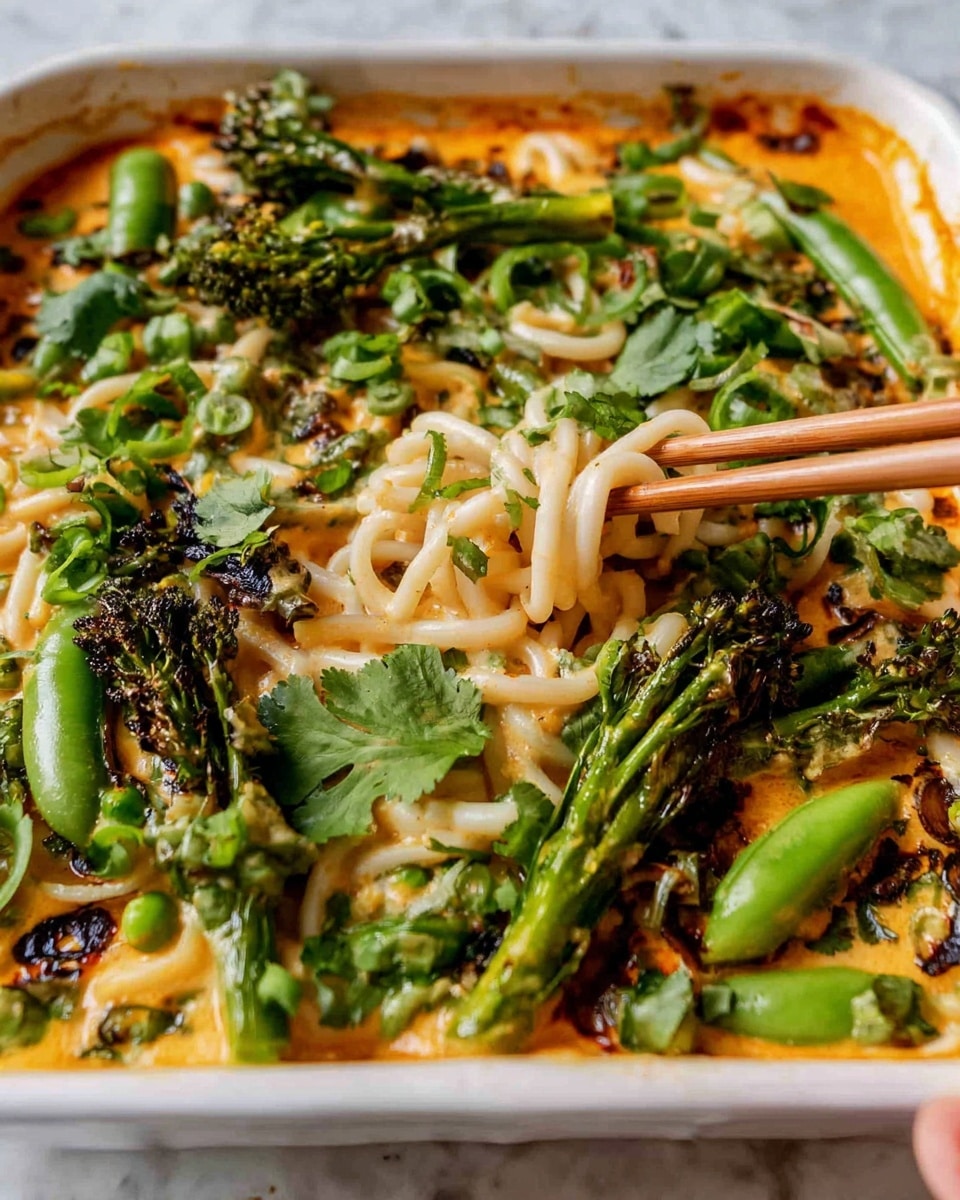 A close-up view of a white baking dish filled with a creamy orange sauce base on the bottom layer, covered with thick white noodles coated in sauce. On top of the noodles, there are bright green snap peas, vibrant green broccolini stalks, chopped green onions, and fresh cilantro scattered around. Some charred, dark spots are visible on the vegetables and noodles, giving a roasted texture. A pair of wooden chopsticks held by a woman's hand is lifting a small bundle of noodles from the middle right of the dish. The background surface is a white marbled texture, adding a clean look to the image. Photo taken with an iphone --ar 4:5 --v 7