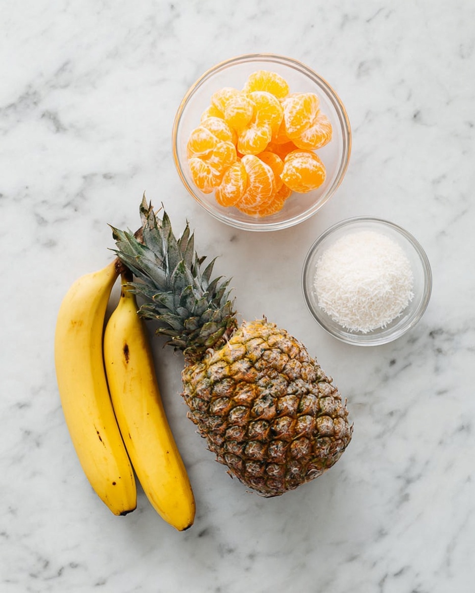 The image shows a whole pineapple with rough, brown and green skin lying on a white marbled surface in the lower part of the frame. Above the pineapple are two ripe yellow bananas with some brown spots on their peel. To the top left, there is a clear glass bowl filled with peeled mandarin orange segments, which are bright orange and juicy. On the right side of the bananas, there is another small clear bowl containing a fine white powder, likely shredded coconut or sugar. The scene is simple and bright, with all items spaced apart on a clean white marbled background. photo taken with an iphone --ar 4:5 --v 7