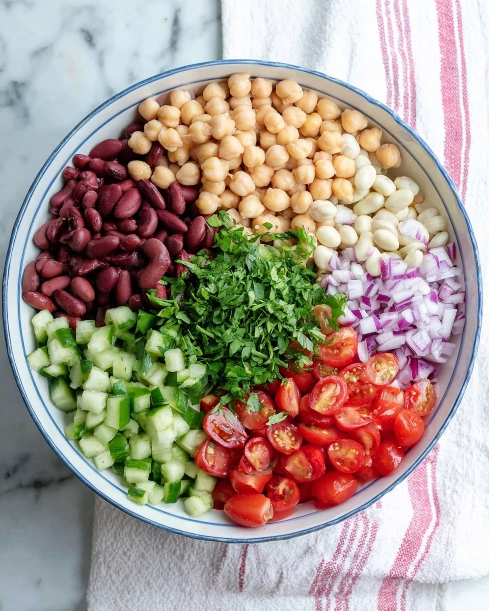 A white bowl with a blue rim holds seven distinct layers of ingredients arranged side by side. Starting from the top left and moving clockwise, there are pale beige chickpeas, dark red kidney beans, light beige white beans, chopped light green cucumber, diced red tomatoes, diced pale green celery, finely chopped purple-red onions, and a bunch of chopped green herbs in the middle. The bowl rests on a white marbled surface with a white cloth featuring pink stripes underneath. Photo taken with an iphone --ar 4:5 --v 7