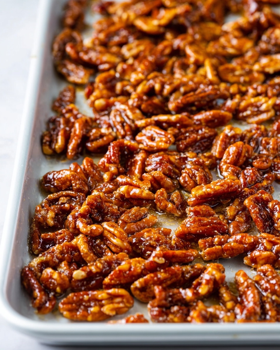 A close-up image showing a shallow white baking tray filled with a single thick layer of sticky candied pecans. The pecans are coated in a shiny amber-brown sugary glaze that looks crunchy and textured. The nuts are unevenly spread over the tray, with different shapes and sizes clustered together. The background is a white marbled surface. Photo taken with an iphone --ar 4:5 --v 7