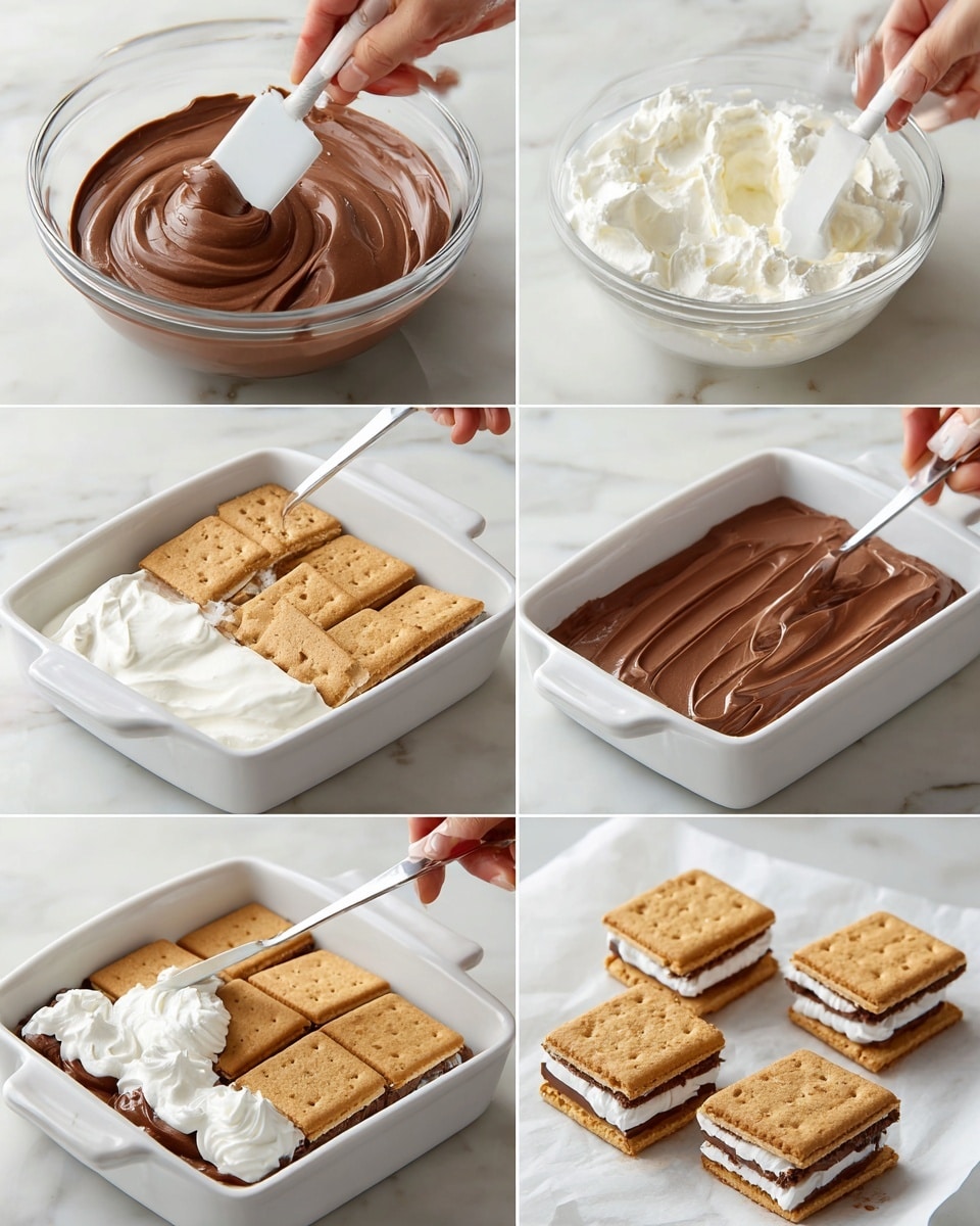 The image shows six steps to make a layered dessert on a white marbled surface. Step one has a clear glass bowl filled with smooth, light brown chocolate pudding. Step two shows a white rectangular baking dish with a layer of light brown square crackers at the bottom, a white spatula spreading chocolate pudding over the crackers. Step three has a clear glass bowl with white whipped cream and a white spatula inside. Step four shows the white baking dish with a thick brown chocolate pudding layer topped with white whipped cream being spread by a white spatula. Step five shows the baking dish with a layer of square light brown crackers neatly placed on top of the whipped cream. Step six displays six square pieces of the layered dessert made of light brown crackers on white parchment, showing visible layers of crackers, whipped cream, and pudding inside. Photo taken with an iphone --ar 4:5 --v 7