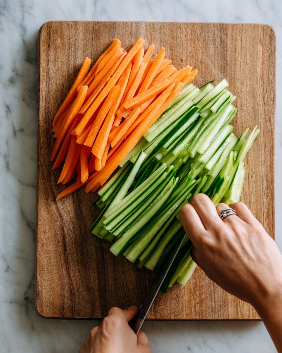 A close-up image shows a woman's hand slicing long thin green cucumber sticks on a wooden cutting board. There are two neat piles of thinly cut vegetables: bright orange carrot sticks on the left and green cucumber sticks next to them. The woman's other hand holds the cucumber steady, wearing a silver ring. The cutting board has a natural wood texture with visible grain patterns. The background surface is a white marbled texture. photo taken with an iphone --ar 4:5 --v 7
