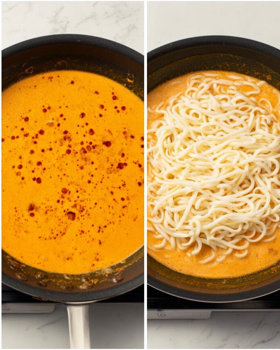 In the first image, a black frying pan holds a thick, smooth orange sauce with small darker red specks, filling the entire pan. In the second image, the same black frying pan shows thick, white noodles placed on top of the orange sauce, evenly spread over one half of the pan, with the orange sauce visible on the other half. Both images have a white marbled surface underneath. Photo taken with an iphone --ar 4:5 --v 7