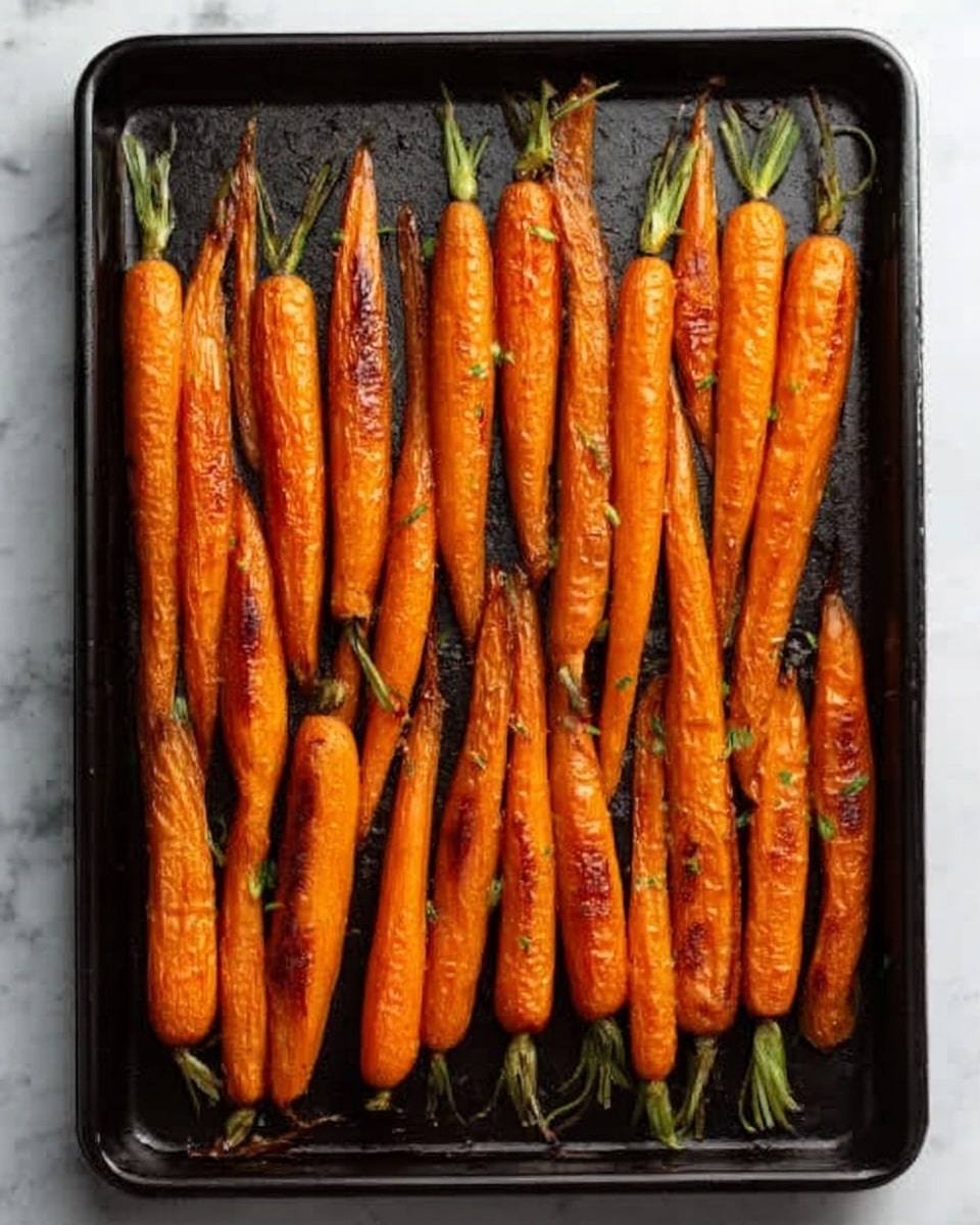 The image shows a black baking tray filled with a single layer of roasted carrots. The carrots are orange with some dark roasted spots and slightly wrinkled skin, with green tops still attached. They are arranged side by side, filling the tray from end to end. The surface underneath is a white marbled texture. Photo taken with an iphone --ar 4:5 --v 7