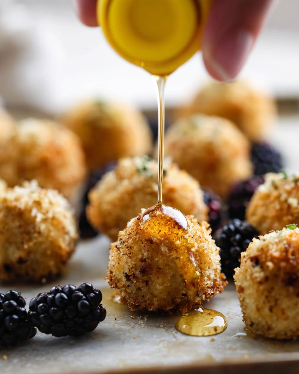 The image shows round, golden brown balls with a crispy, crumbly texture, placed on a flat surface with a white marbled background. The balls are topped with a stream of shiny, light amber syrup being squeezed from a yellow bottle held by a woman's hand. There are small, dark purple blackberries placed nearby, creating a contrast with the golden balls. The focus is sharp on the syrup and the nearest ball, while the background is softly blurred. photo taken with an iphone --ar 4:5 --v 7