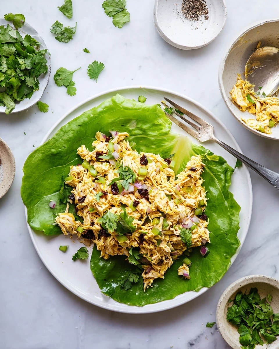 A white plate holds a large green leaf as the base, topped with a mixture of light yellow shredded chicken combined with small pieces of green celery, red onion, and dark raisins. Fresh green cilantro leaves are scattered on top, adding pops of color. A silver fork rests on the side of the plate. The surface beneath is white marble, and around the plate, there are small white bowls, one with fresh cilantro and another with coarse salt and pepper. There is also a white bowl with remnants of the shredded chicken mixture and a silver spoon inside. photo taken with an iphone --ar 4:5 --v 7