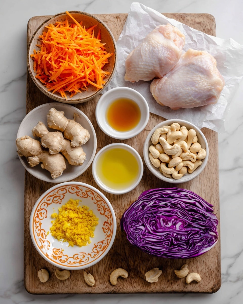 The image shows a wooden board on a white marbled surface with several ingredients arranged on and around it. At the center top, two raw chicken pieces rest on white parchment paper. To the left, an earthy bowl holds bright orange shredded carrots. Below that, a small white bowl contains amber sesame oil, and next to it, fresh scallions lie diagonally on the marble. A small bowl filled with minced yellow ginger is placed just above chickpeas in a white bowl with orange patterns, positioned near the bottom center. Half a vibrant purple cabbage is placed at the board's center. To the right, a rustic white bowl holds pale brown whole cashews, and next to it, a small white bowl with clear liquid vinegar sits. Above the vinegar bowl, another small white bowl with pale gold honey completes the setup, all surrounding the chicken on the wooden board photo taken with an iphone --ar 4:5 --v 7